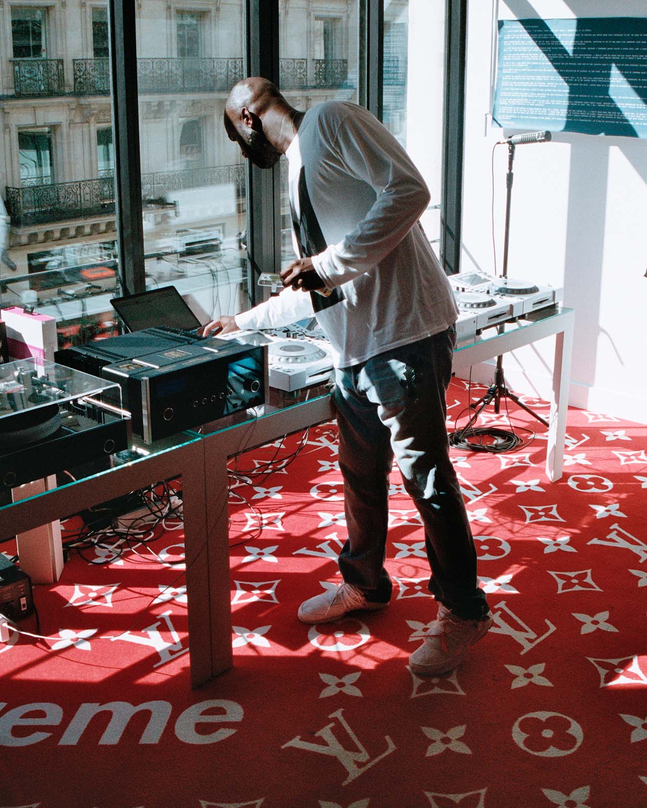 Virgil Abloh with his studio McIntosh audio system